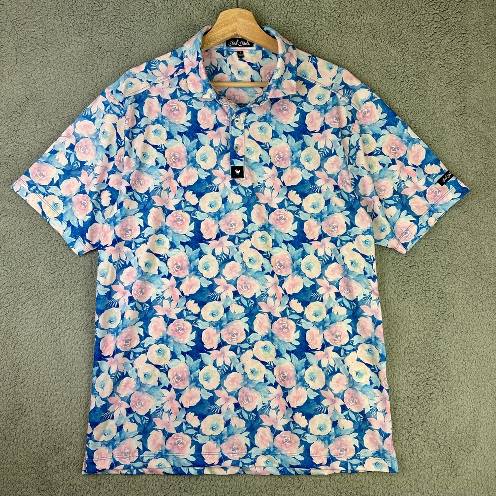 Bad Birdie Blue and White Floral Active Golf Polo Shirt Men's Large